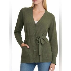 SPLENDID Belted Cardigan Sweater Size S Olive Army Green Knit Button Front NWT